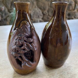 Vintage Japanese Glazed Ceramic Sake Bottles, Unglazed 3D Sculptured Pottery